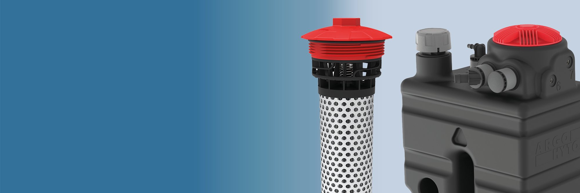 Hydraulic filter element and hydraulic tank with red caps shown side by side.