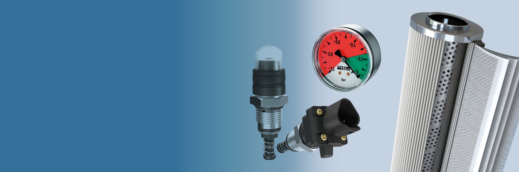 Hydraulic filtration components including a filter element, pressure gauge and clogging indicator.