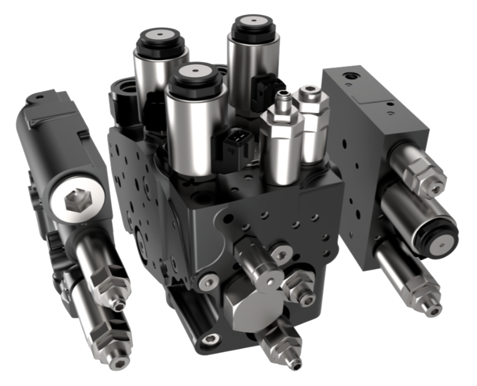 Hydraulic manifold assembly for steering and implement control functions in agricultural machinery