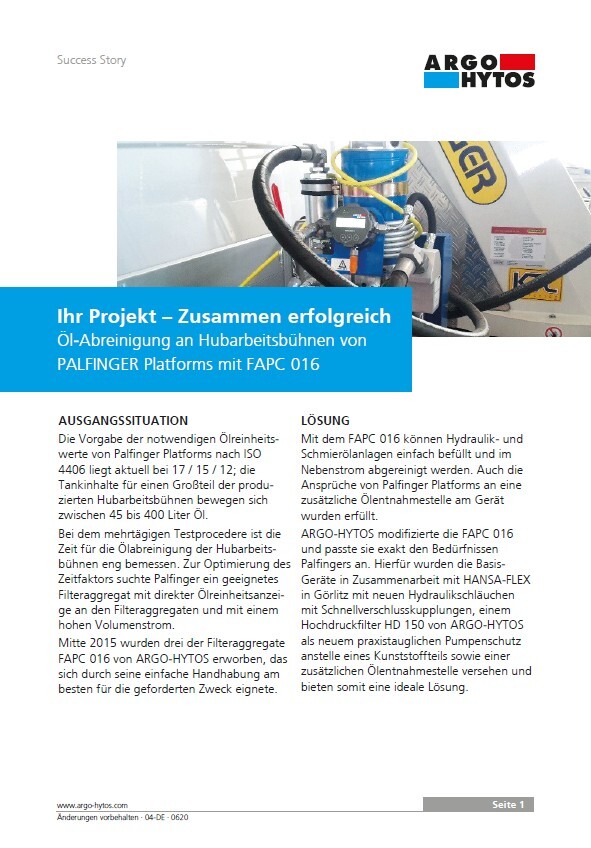 Ölabreinigung an Hubarbeitsbühnen von PALFINGER Platforms mit FAPC 016