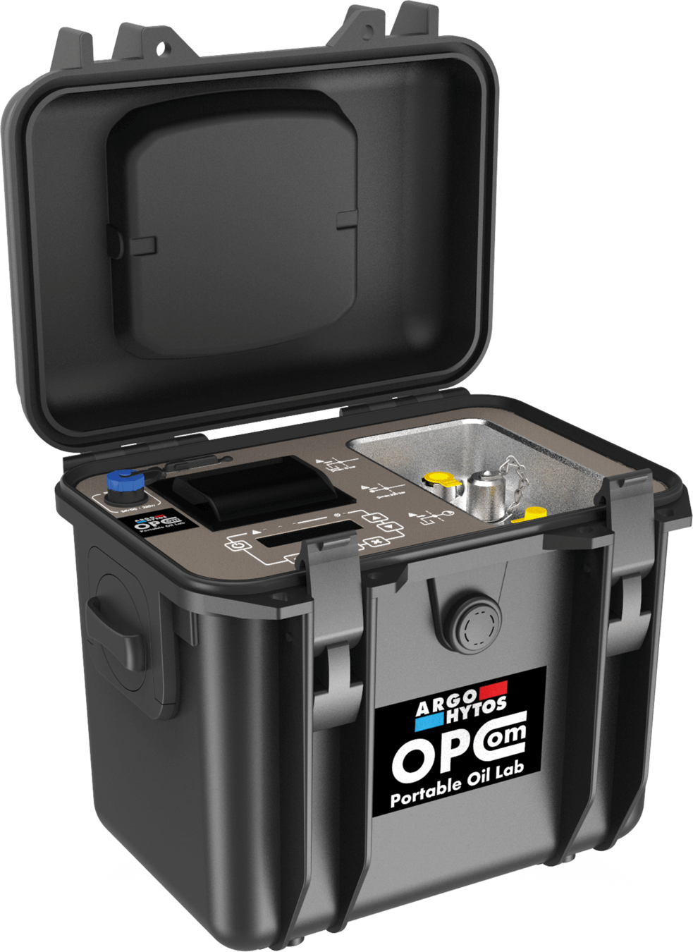 Portable oil condition monitoring device in a rugged transport case for hydraulic fluid analysis and contamination monitoring