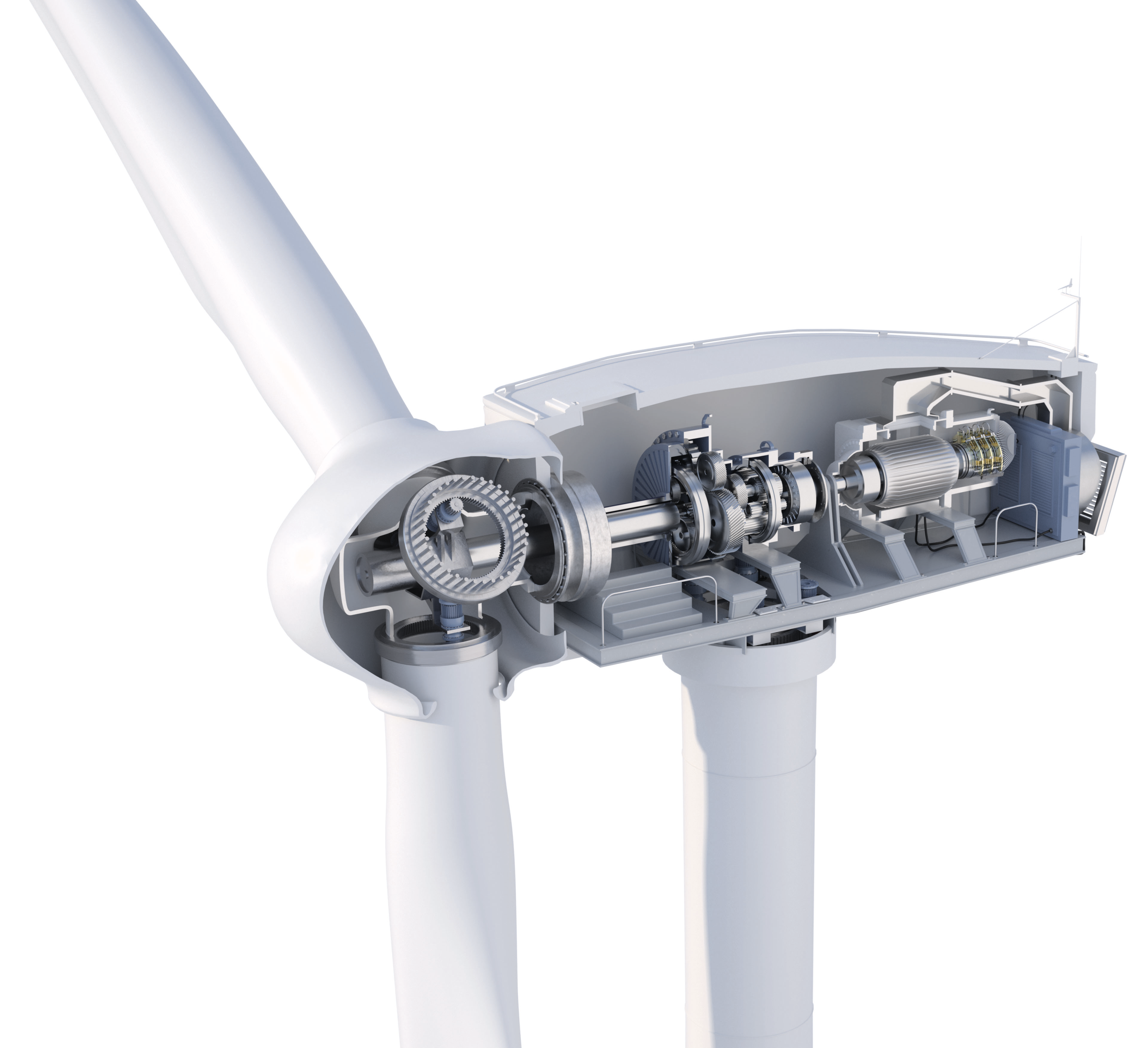 Cutaway illustration of a wind turbine drive train highlighting key hydraulic and mechanical system components
