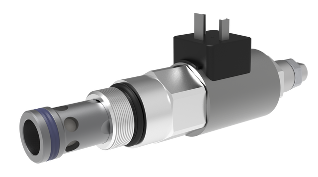 Hydraulisches Einschraubventil mit Gewindekörper und elektrischem Steckanschluss.