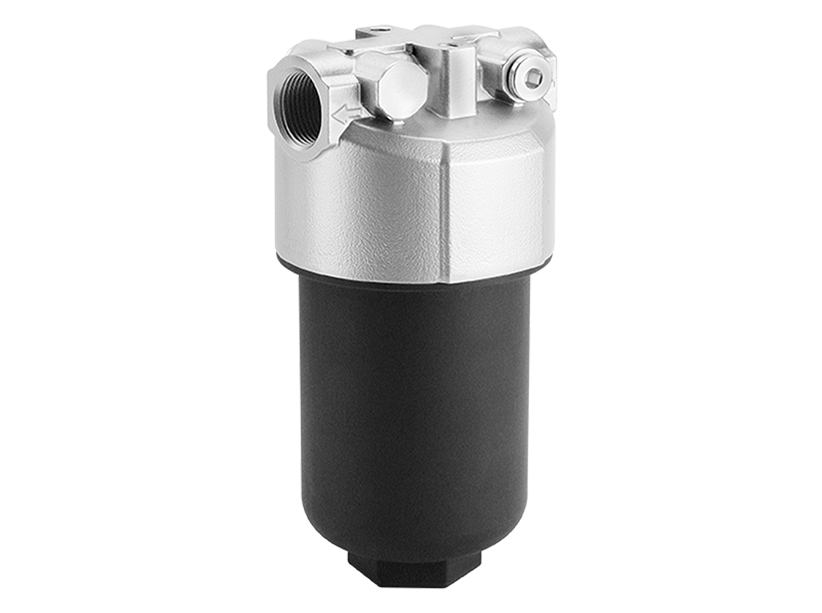 Hydraulikfilter mit zylindrischem Gehäuse und zwei Rohranschlüssen auf der Oberseite.