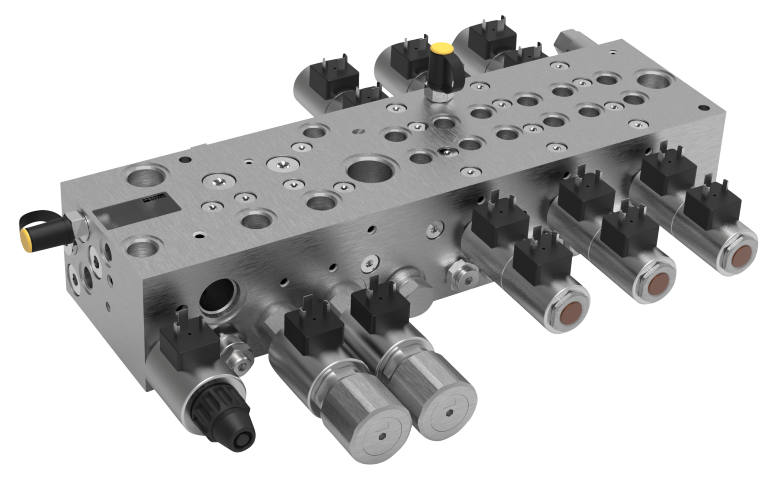 Integrated hydraulic control manifold with multiple valve functions for complex machine control and hydraulic system integration