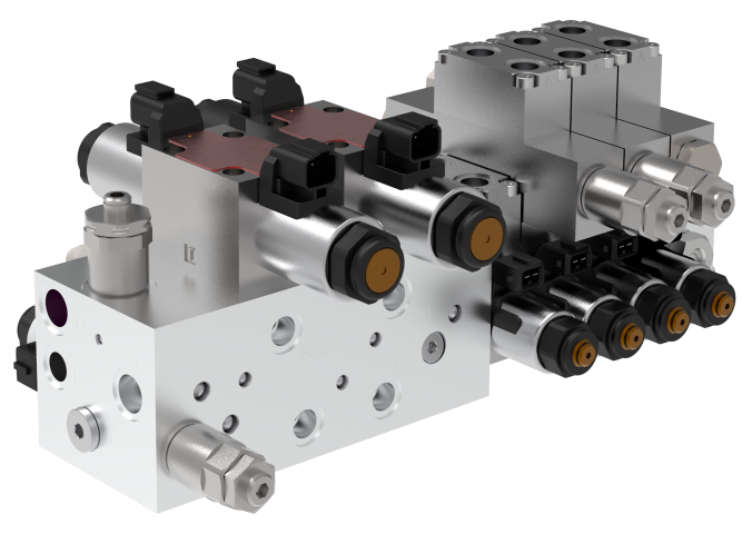 Hydraulic control unit for multiple operating functions in mobile elevating work platforms