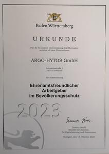 ARGO-HYTOS GMBH ausgezeichnet als ehrenamtsfreundlicher Arbeitgeber